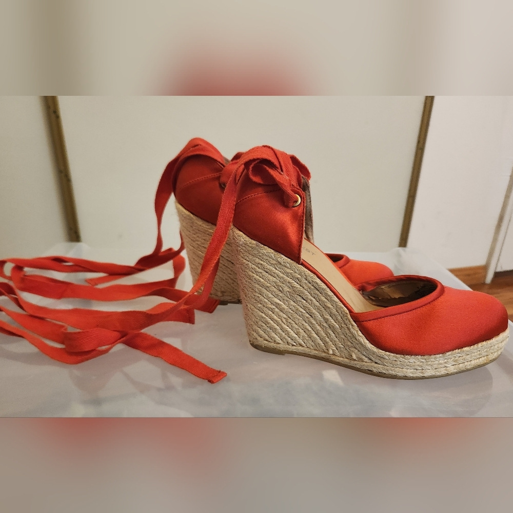 Red Satin Espadrille Wedge Sandals - BRAND NEW